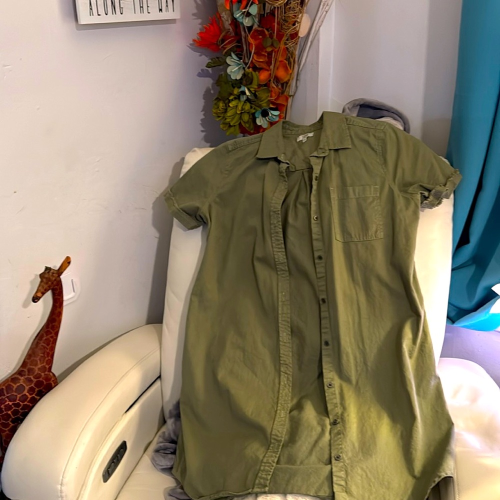 Olive green button up casual dress size large.